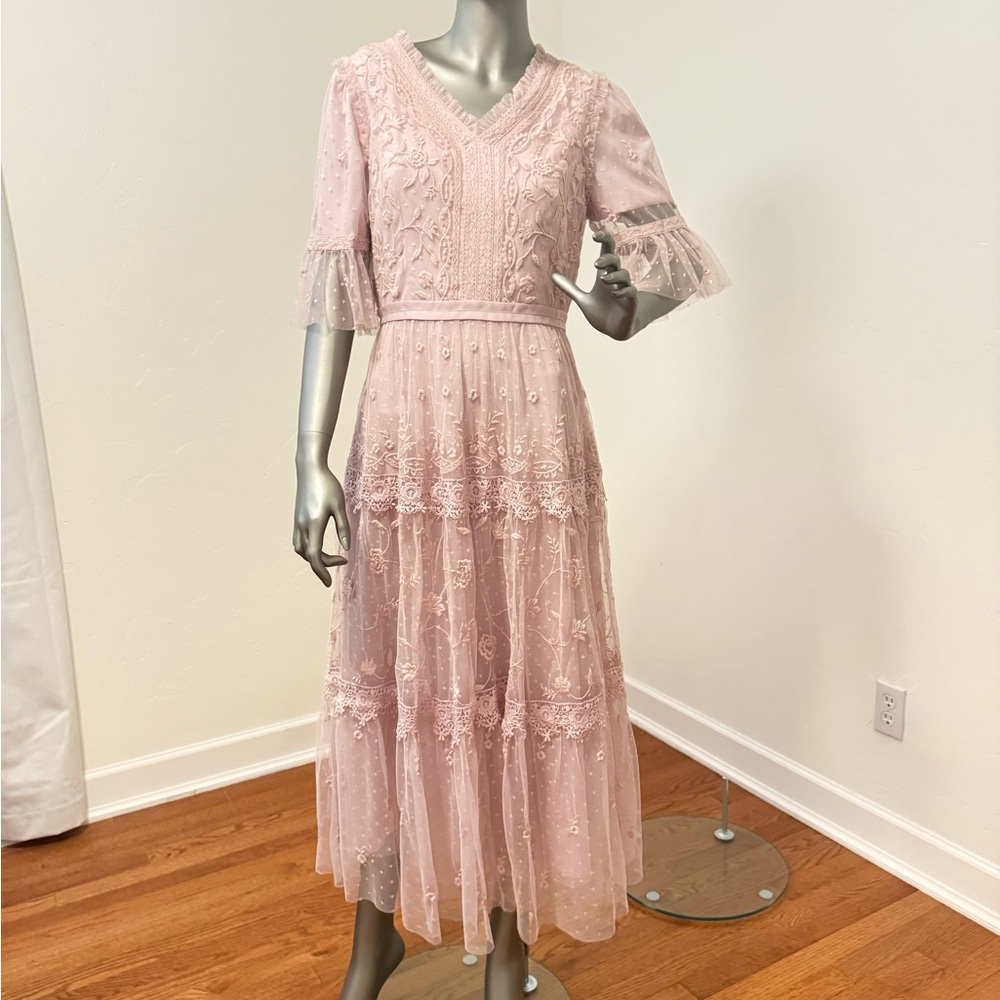 Needle & Thread Pink Sheer Lace Boho‎ Balletcore Romantic Maxi Gown Dress